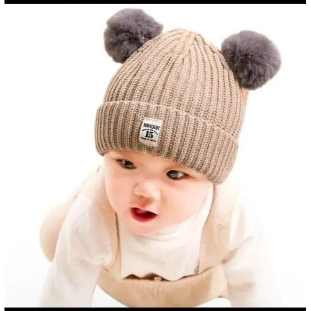 Babys Cute Warm Winter Double PomPom Hat Fur Knit Beanie Gift Boys Girls Toddler